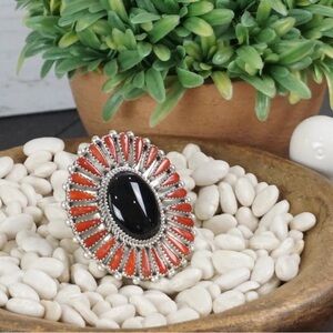 Coral/Onyx Cluster Sterling Ring By Native American Navajo Artist Kyle Wilson